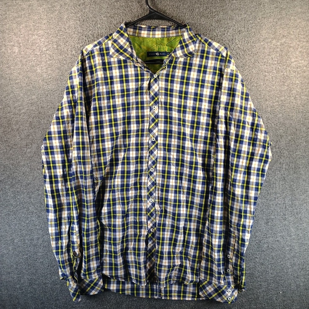 Stone Rose Shirt Mens 6 Plaid Yellow Blue Long Sleeve Button Down Flower Logo